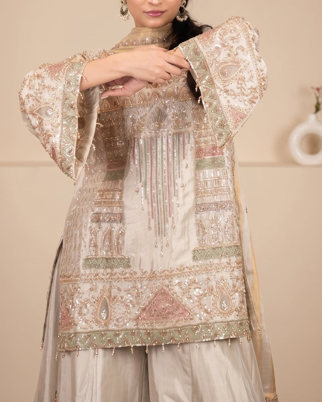 Pearl Noor Sharara Set: pearl ivory sharara set, view 2