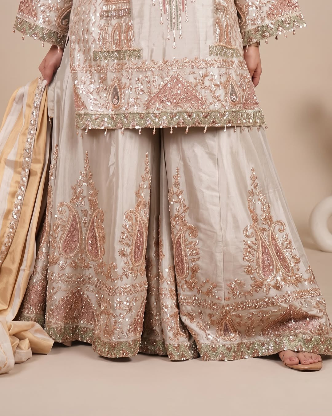 Pearl Noor Sharara Set: pearl ivory sharara set, view 3
