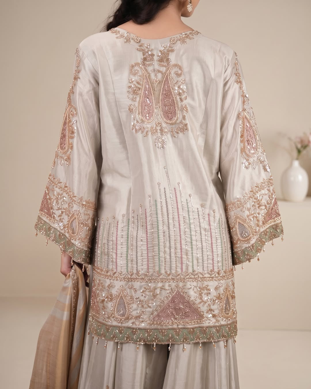 Pearl Noor Sharara Set: pearl ivory sharara set, view 4