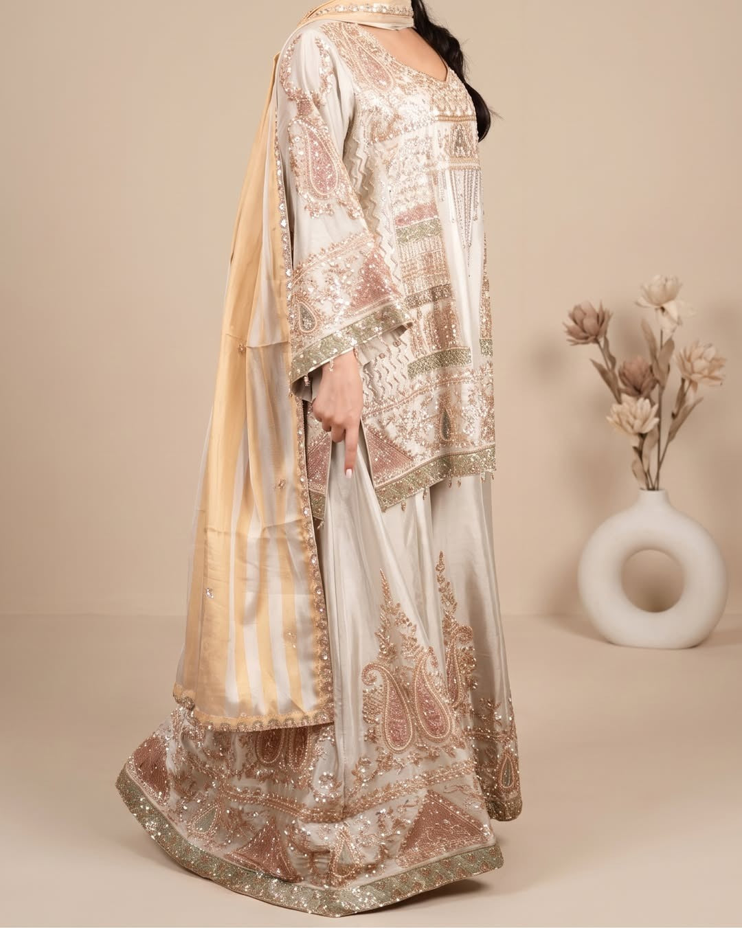 Pearl Noor Sharara Set: pearl ivory sharara set, view 5