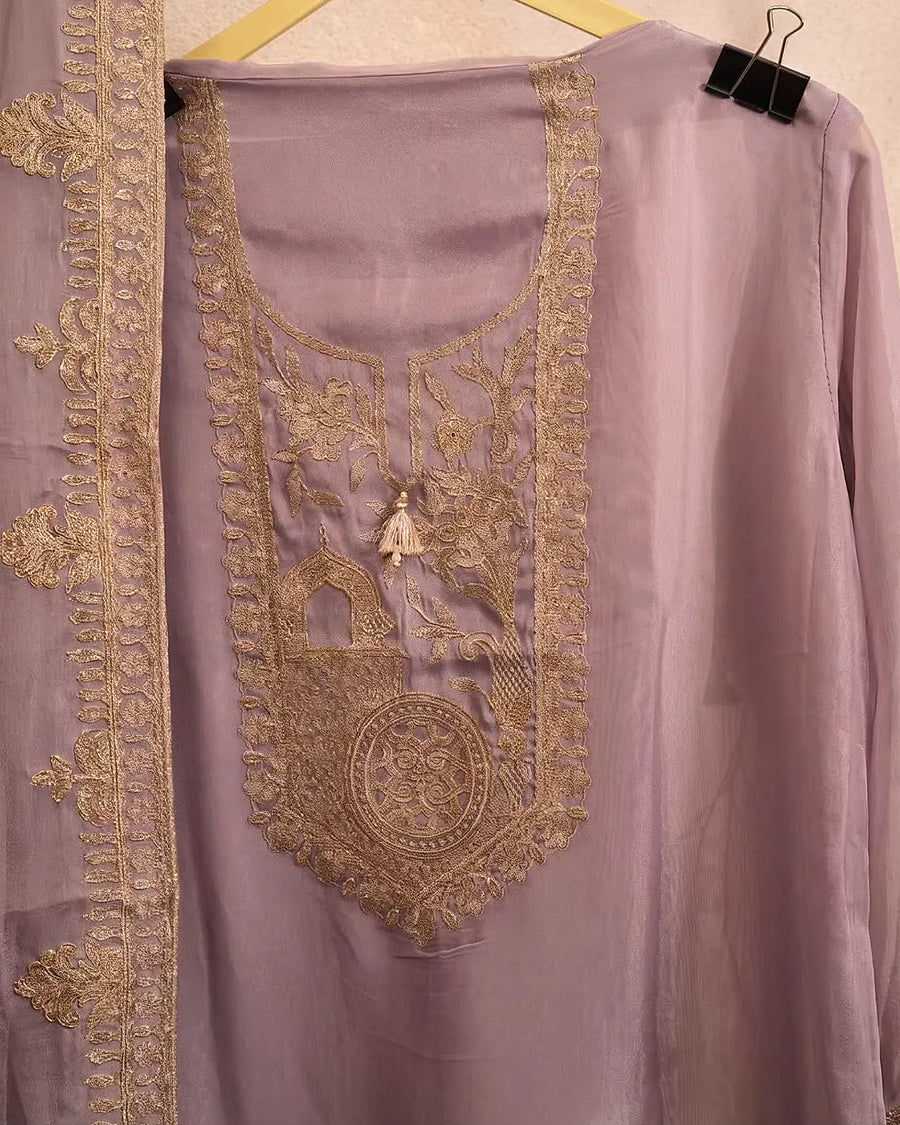 Lavender Gold Floral Neckline Suit Design