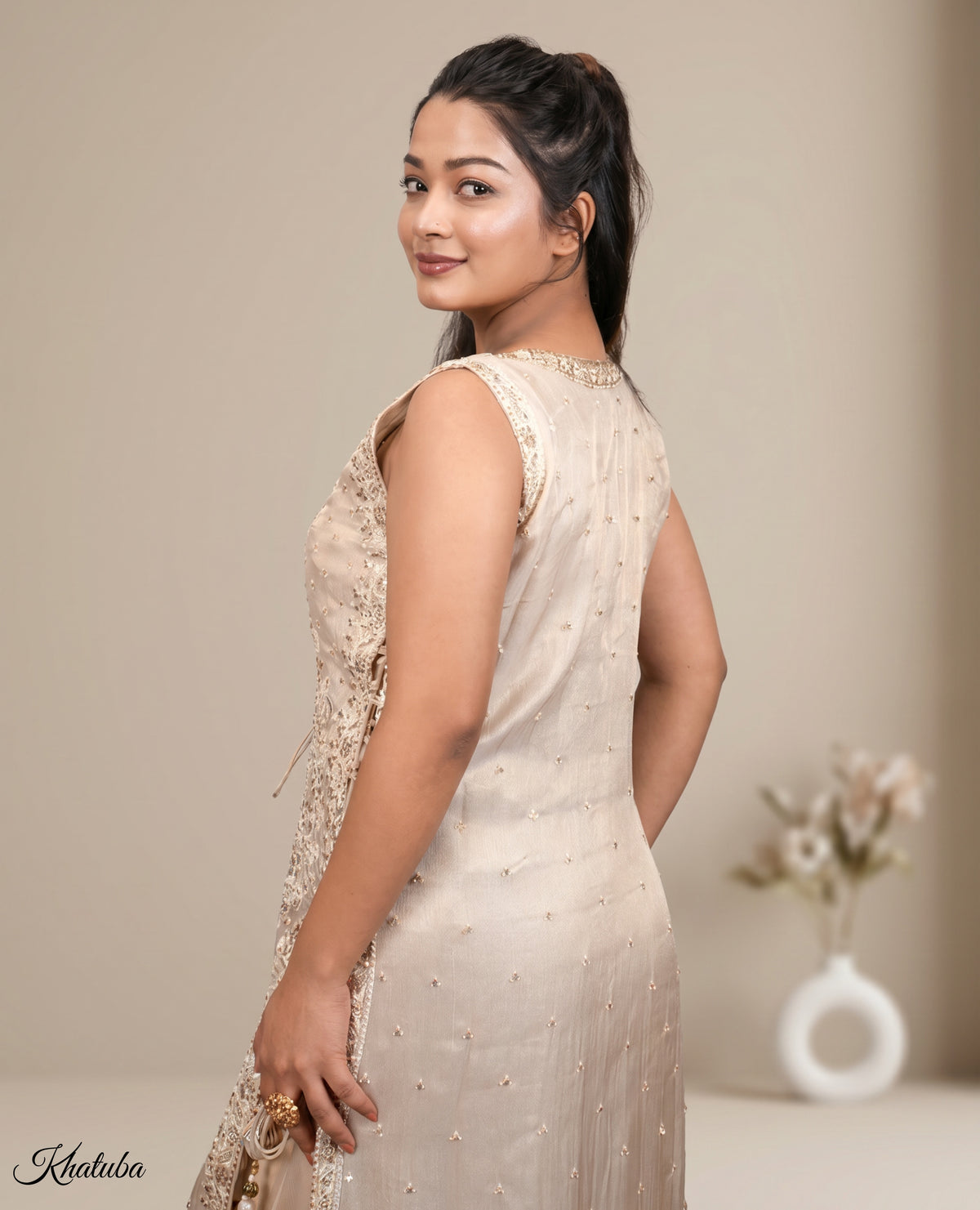 Heritage: champagne embellished suit set, view 4