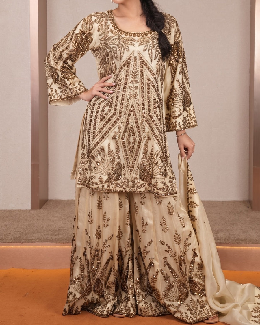Peacock: ivory sharara set, view 1