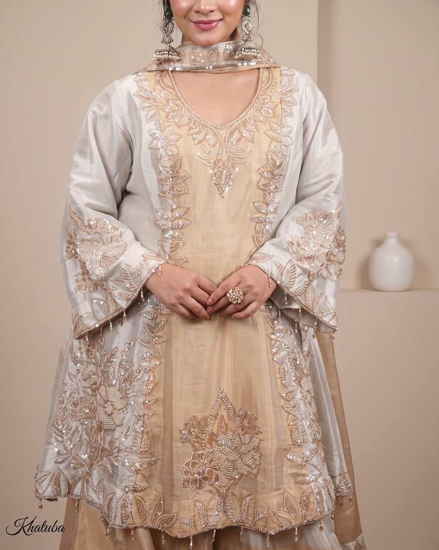 Meher: silver grey embroidered suit set, view 1