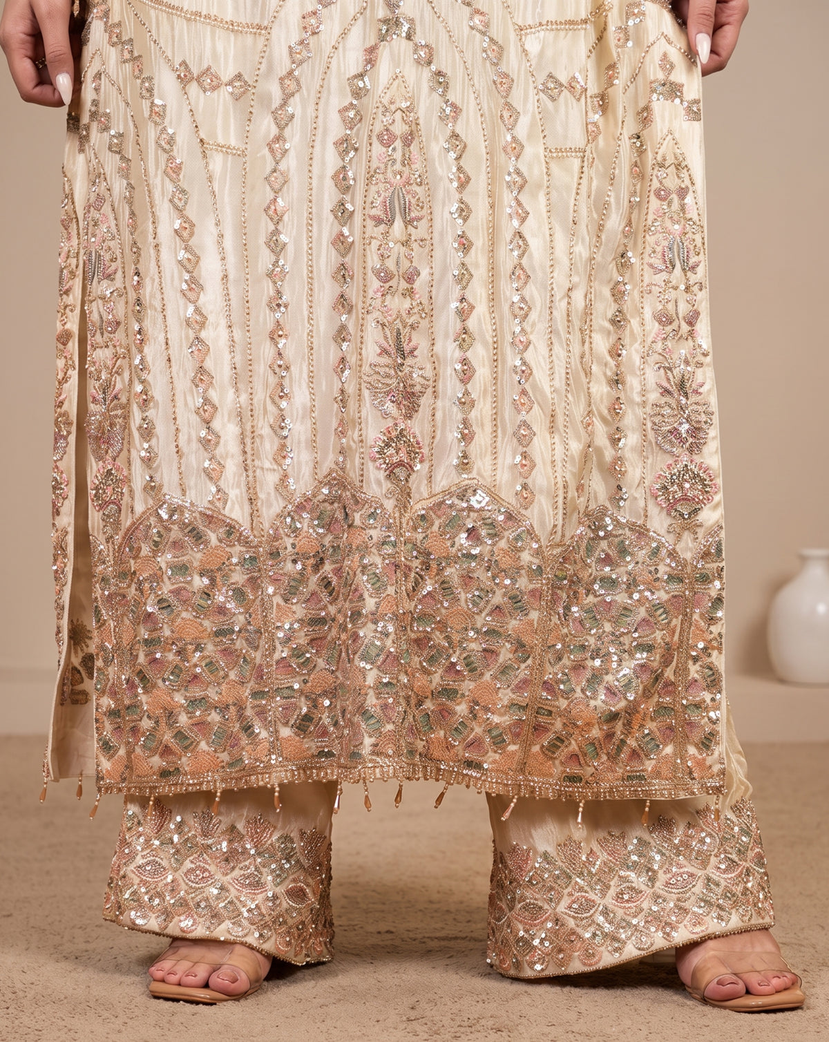 Artistry: ivory embroidered suit set, view 4