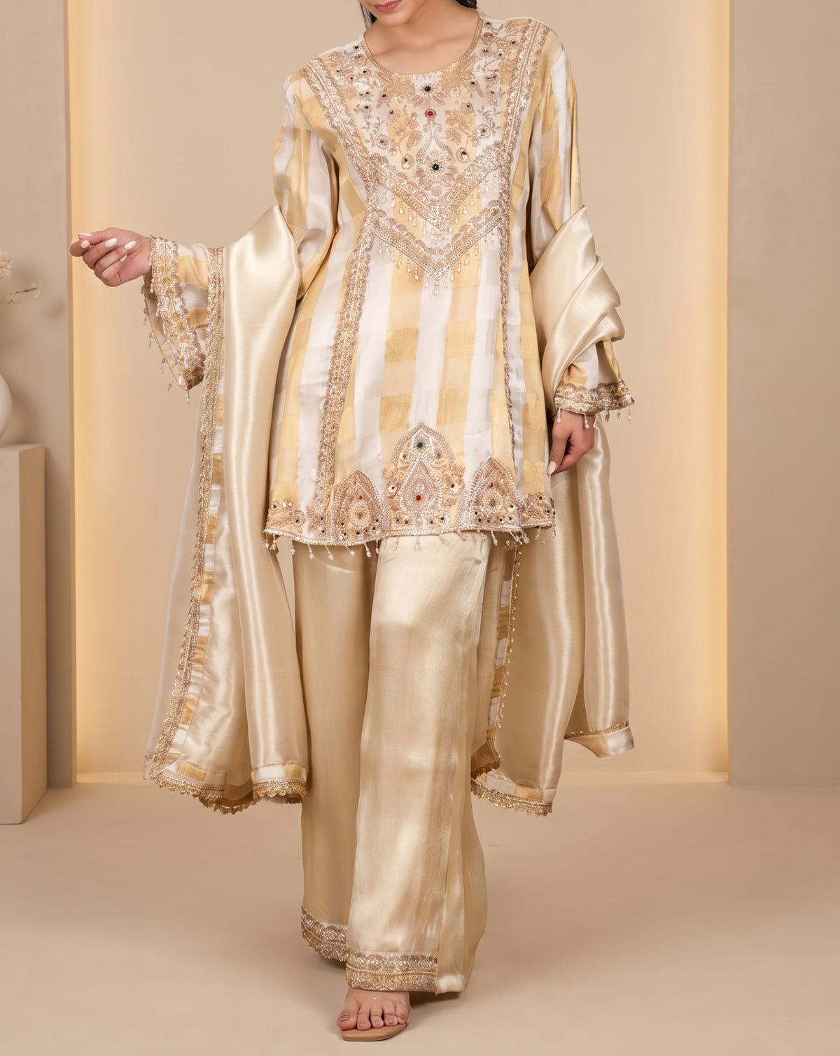 Legacy: champagne embroidered suit set, view 3