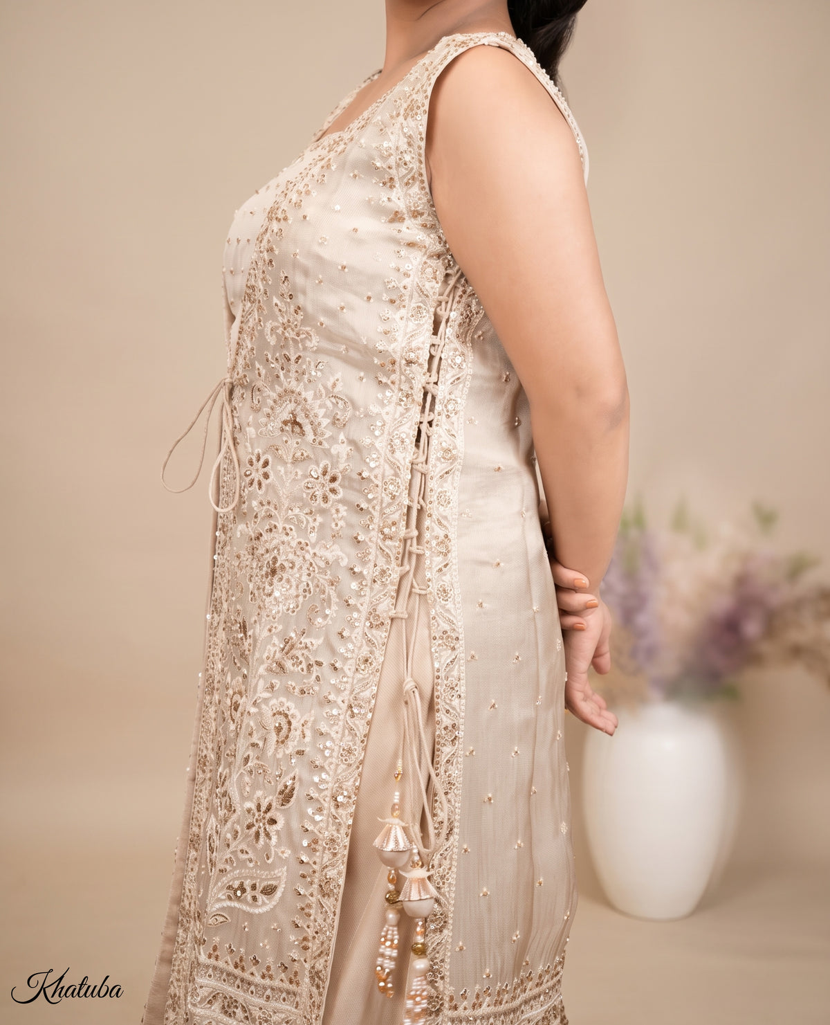 Heritage: champagne embellished suit set, view 3