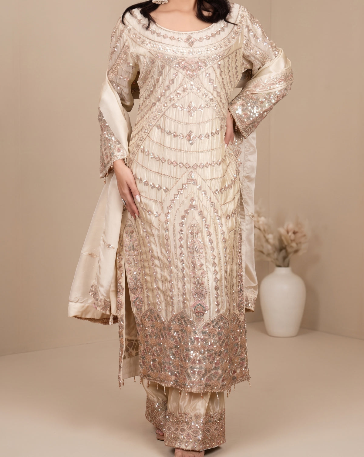 Artistry: ivory embroidered suit set, view 1