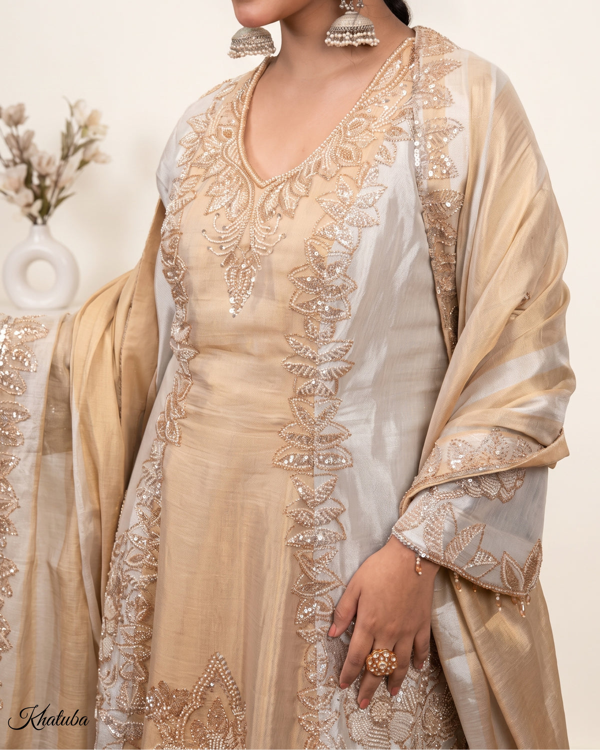 Meher: silver grey embroidered suit set, view 3