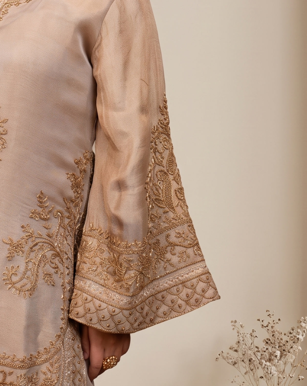 Luxury: taupe embroidered suit set, view 2