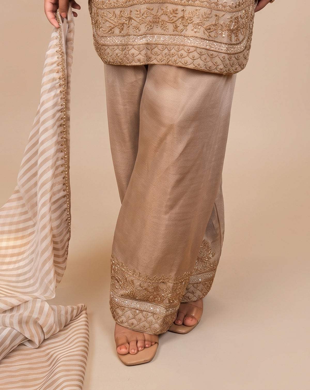 Luxury: taupe embroidered suit set, view 3