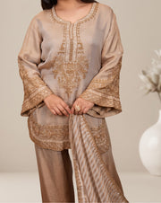 Luxury: taupe embroidered suit set, view 1
