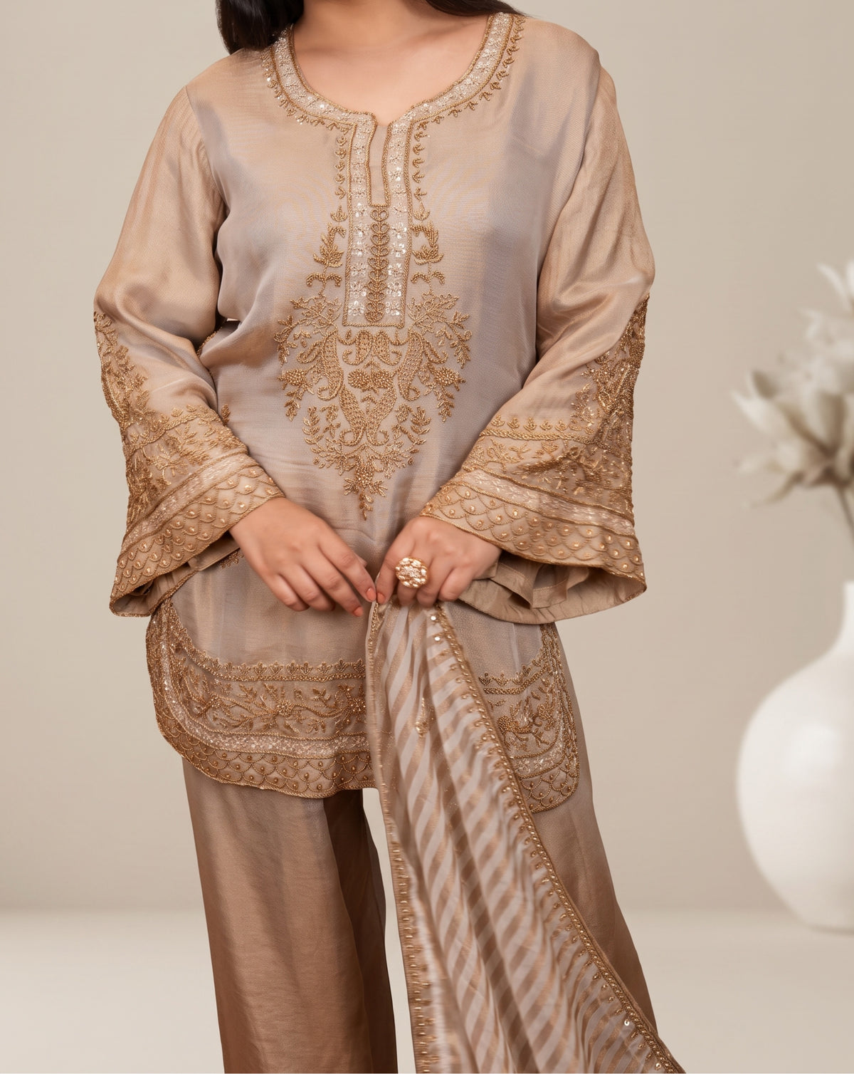 Luxury: taupe embroidered suit set, view 1
