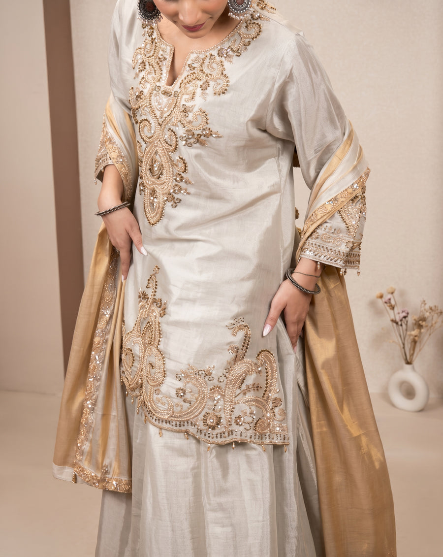 Riwaayat: silver grey embroidered suit set, view 2
