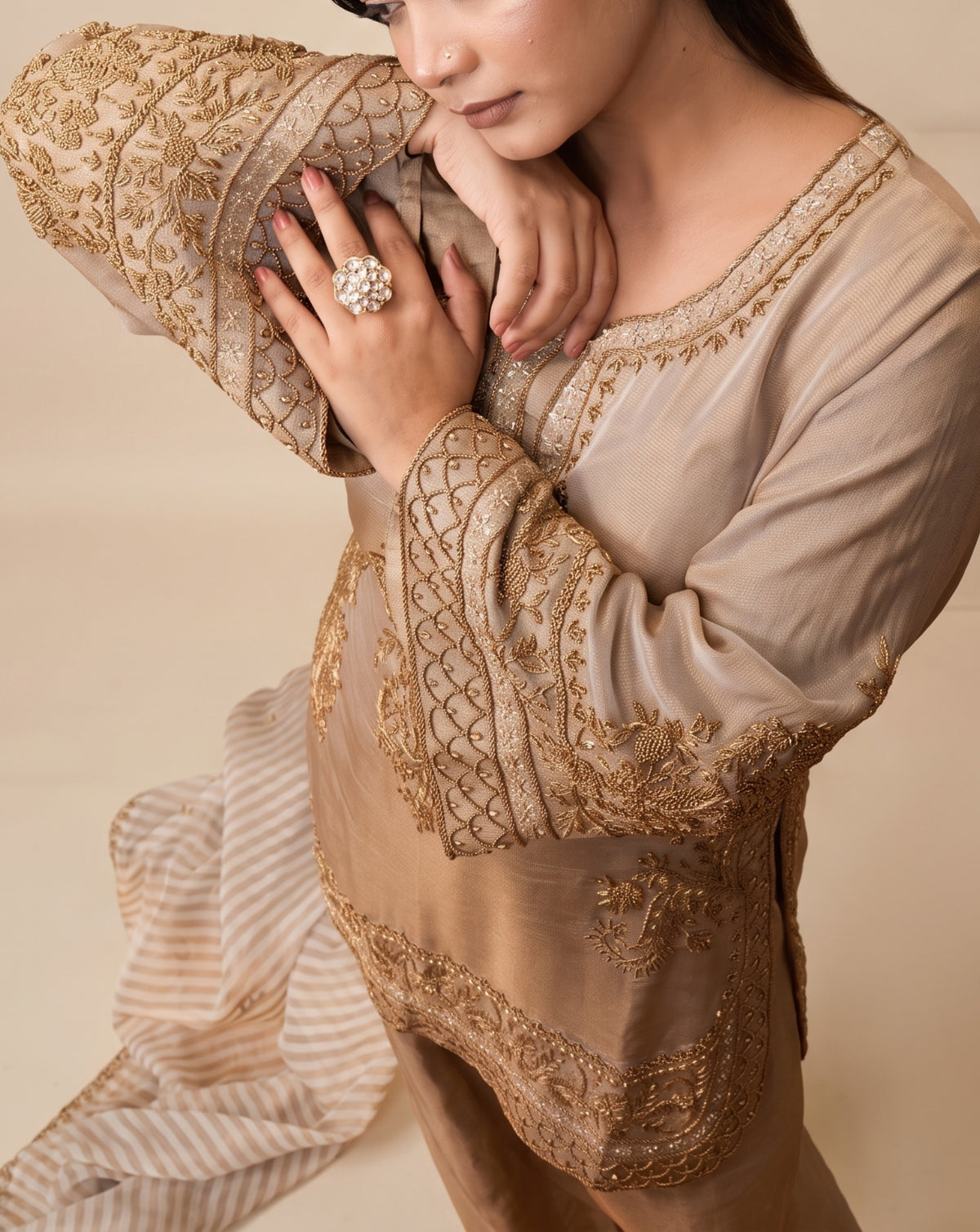 Luxury: taupe embroidered suit set, view 5