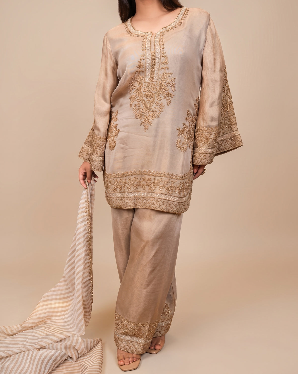 Luxury: taupe embroidered suit set, view 4