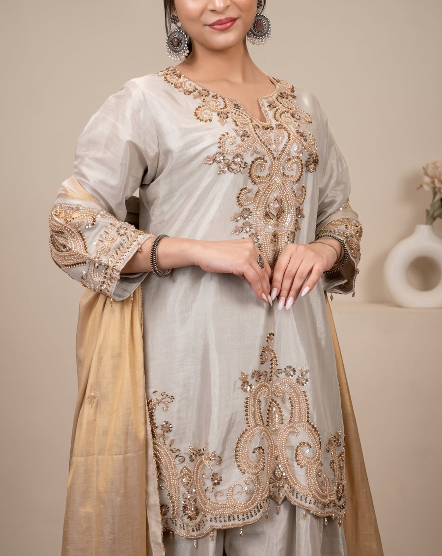 Riwaayat: silver grey embroidered suit set, view 1
