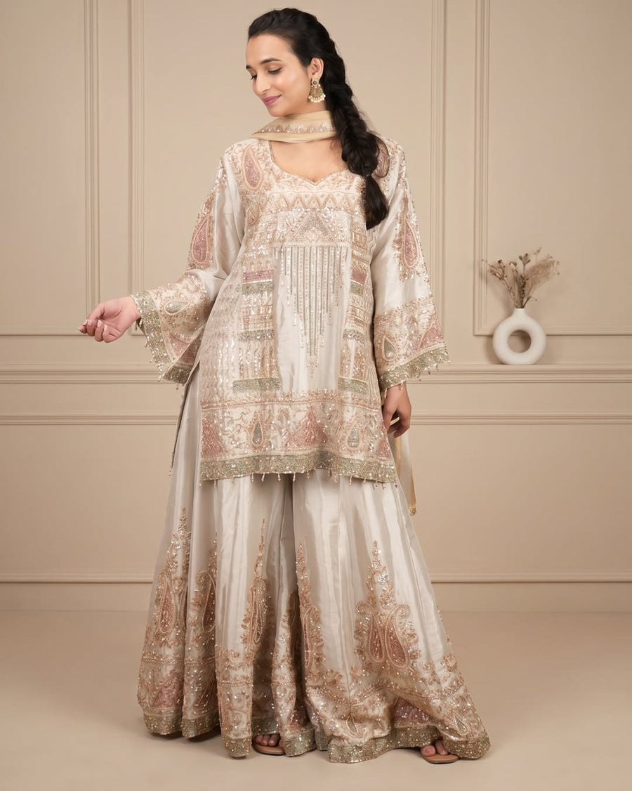 Pearl Noor Sharara Set: pearl ivory sharara set, view 1