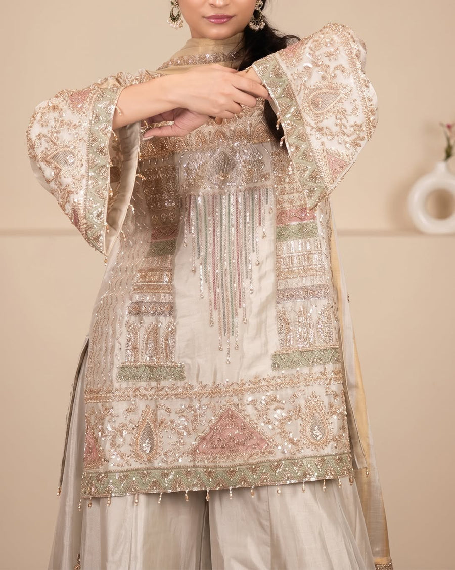 Pearl Noor Sharara Set: pearl ivory sharara set, view 2