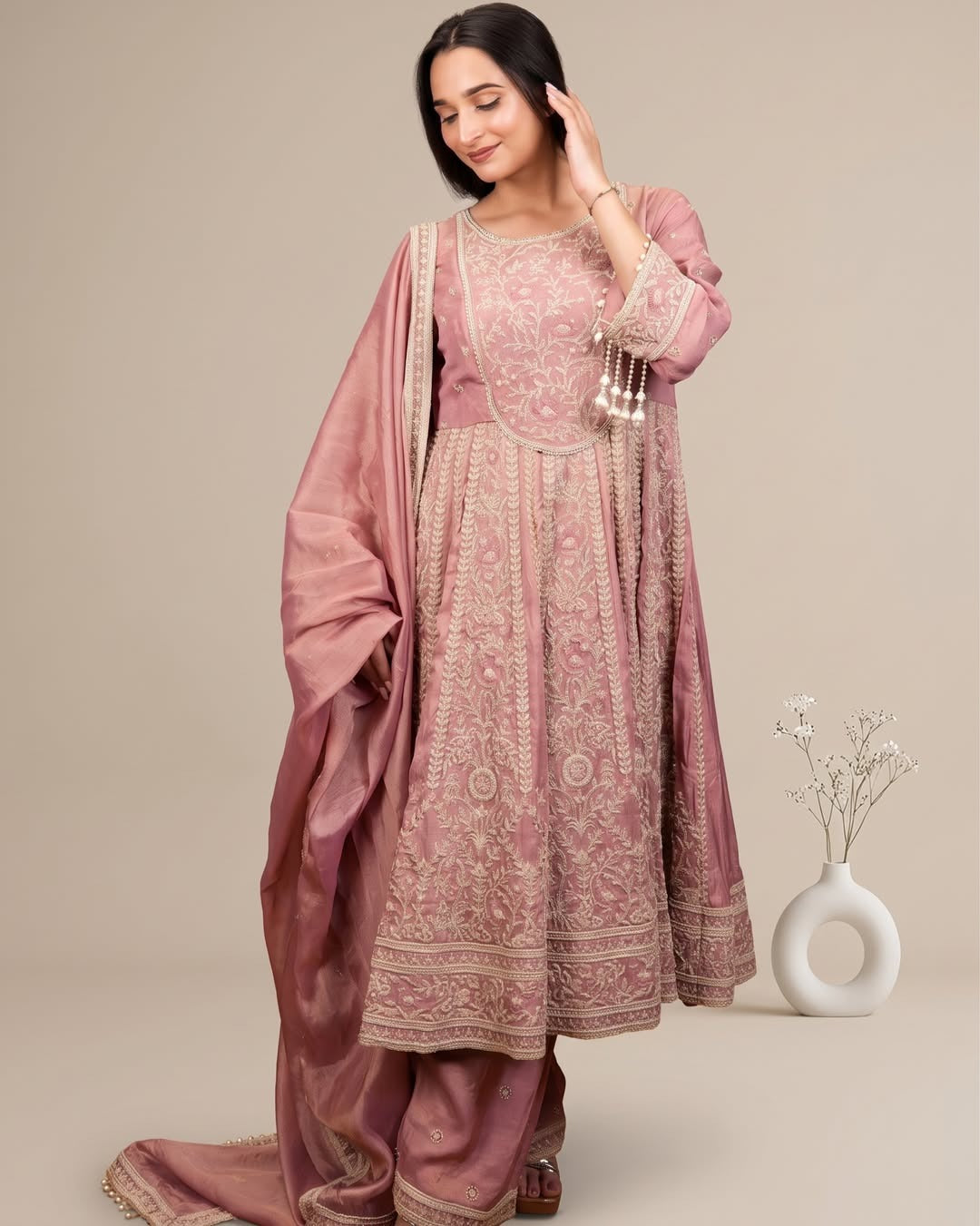 Rosewood Regal Suit Set: rose pink anarkali set, view 1
