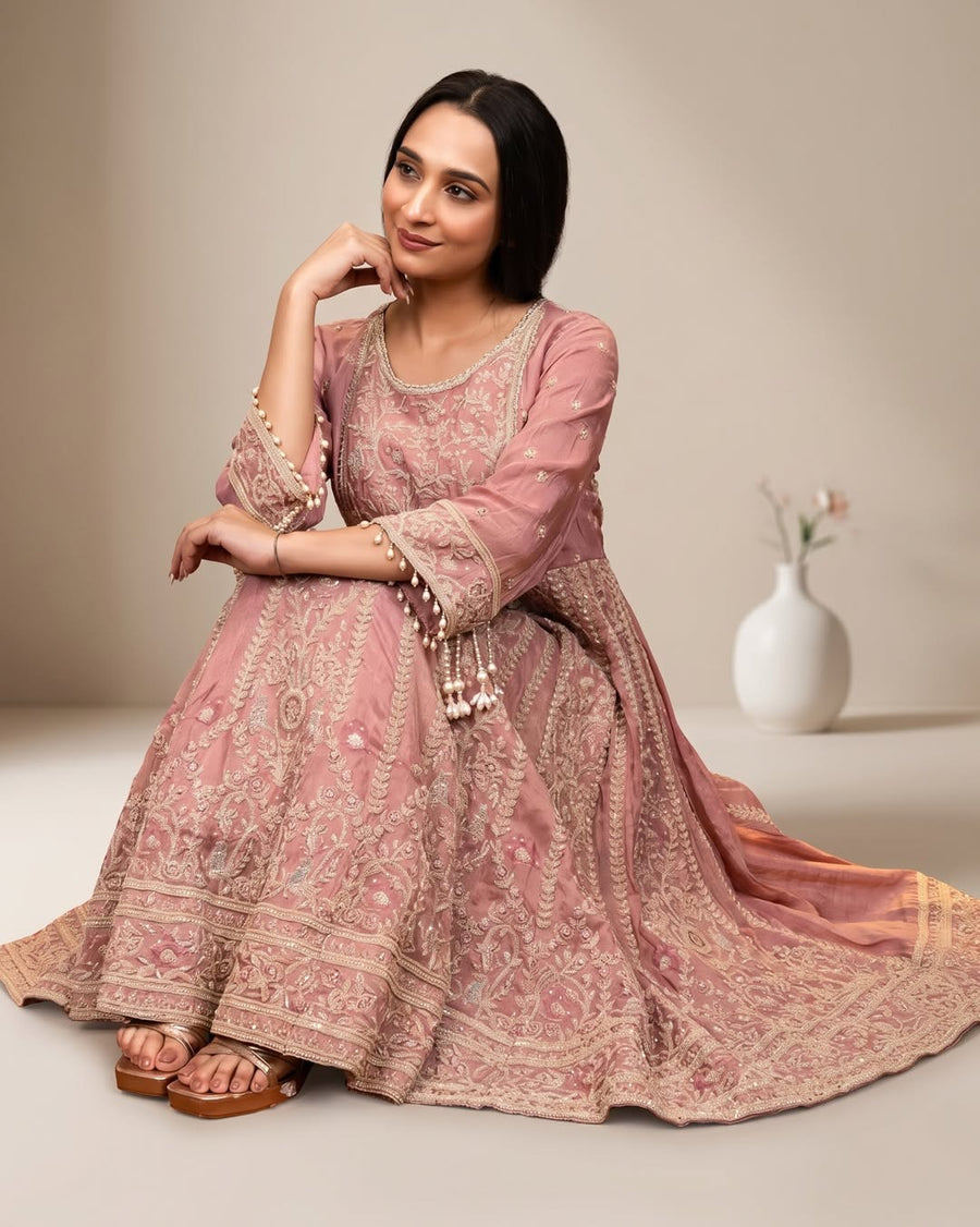 Rosewood Regal Suit Set: rose pink anarkali set, view 2