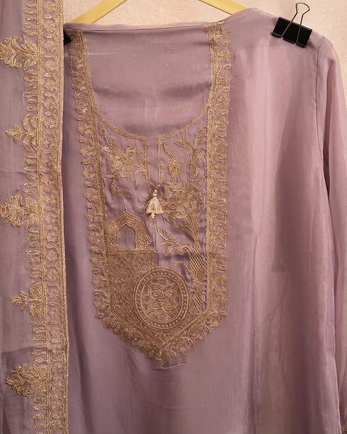 Lavender Gold Floral Neckline Suit Design