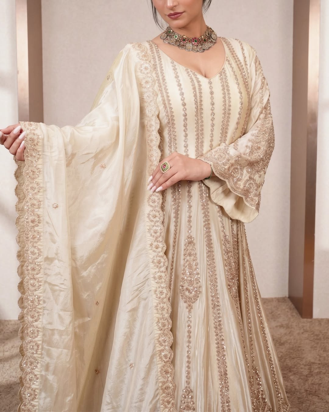 Ivory Embellished Anarkali Suit Set